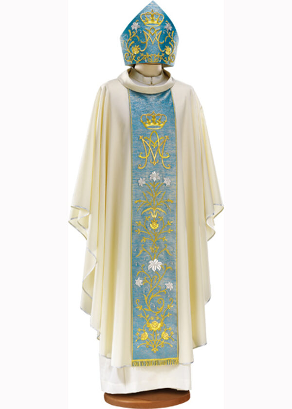 Casula Mariana in pura lana con ricamo a mano su stolone in raso art. G.GM16